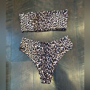 High waisted strapless leopard bathing suit
